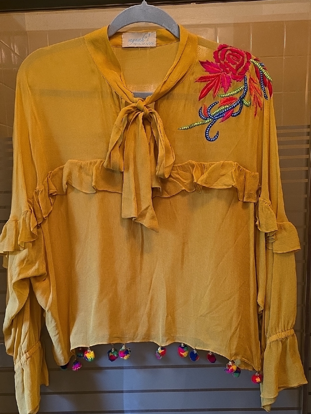 Embroidered Mustard Tie-Neck Ruffle Blouse